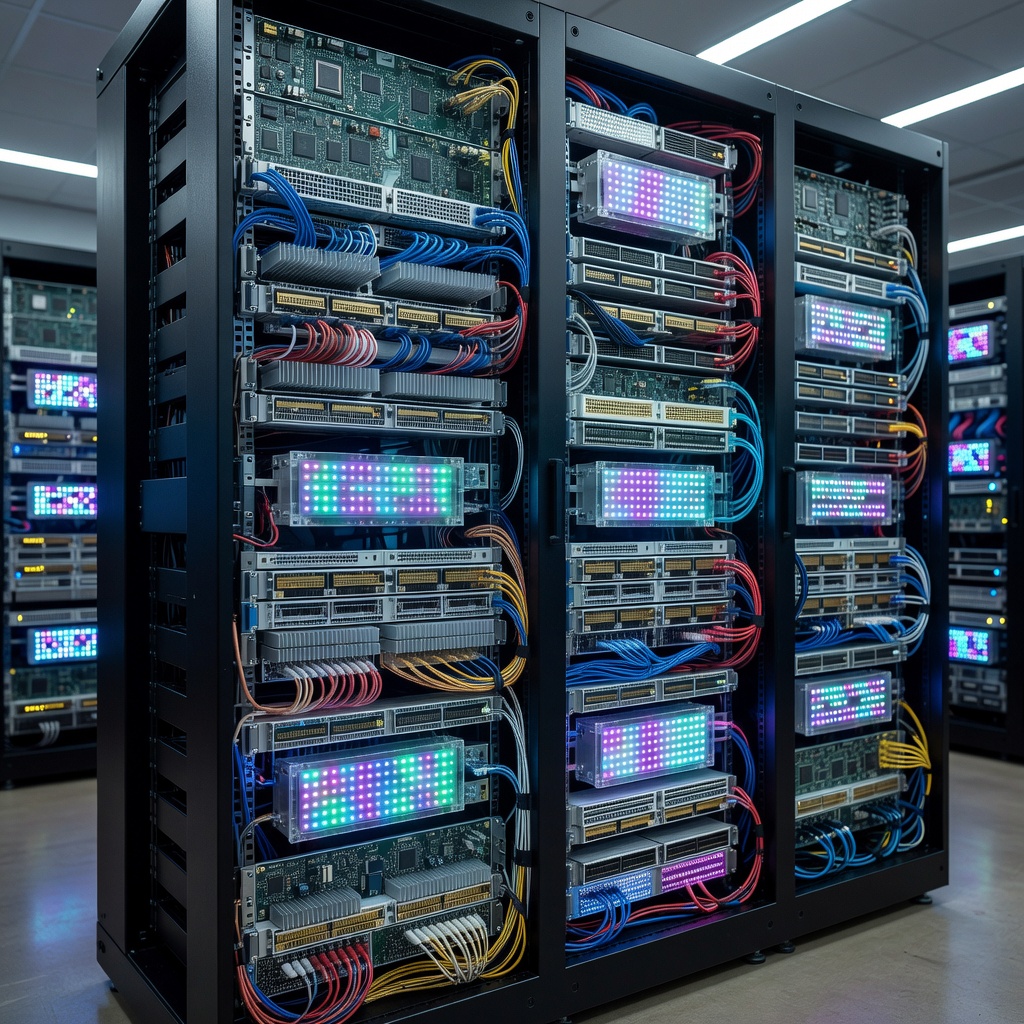 Server rack infrastructure representing automated microservices and RESTful API synthetic engines
