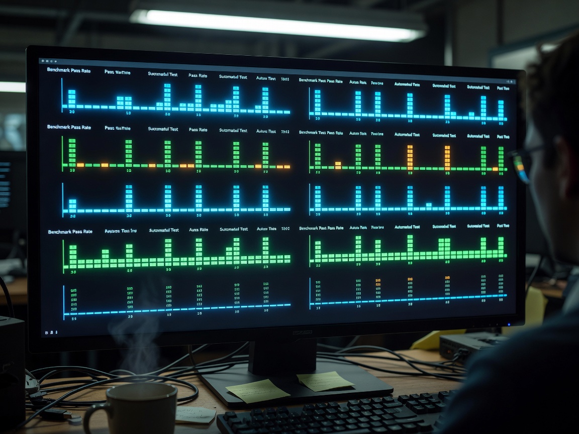 Terminal code debugger screen displaying real time benchmark pass rates and automated test metrics